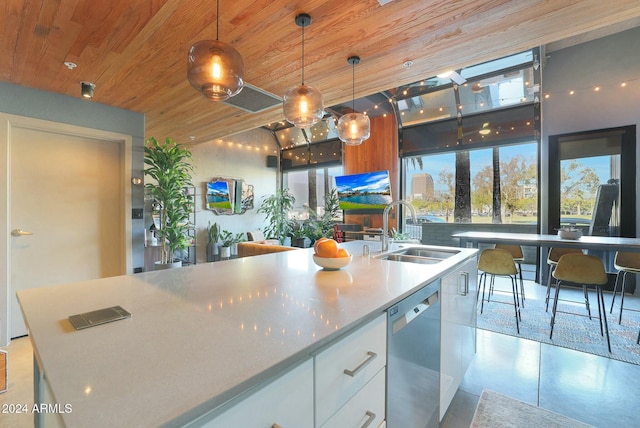 kitchen featuring stainless steel dishwasher, wood ceiling, sink, pendant lighting, and white cabinets