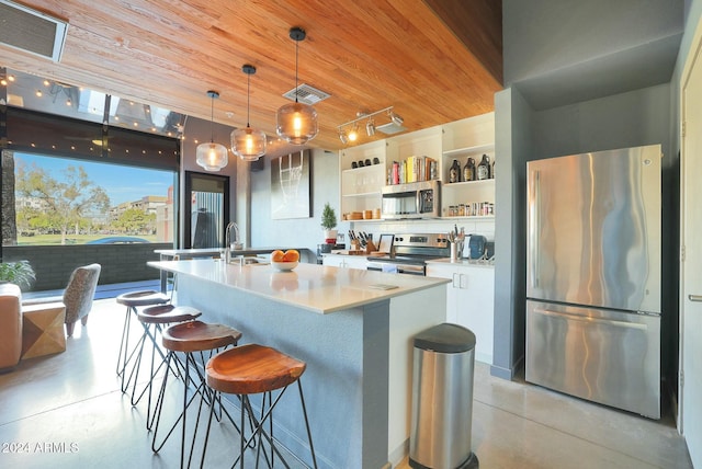 kitchen with wooden ceiling, a kitchen island with sink, decorative light fixtures, white cabinetry, and stainless steel appliances