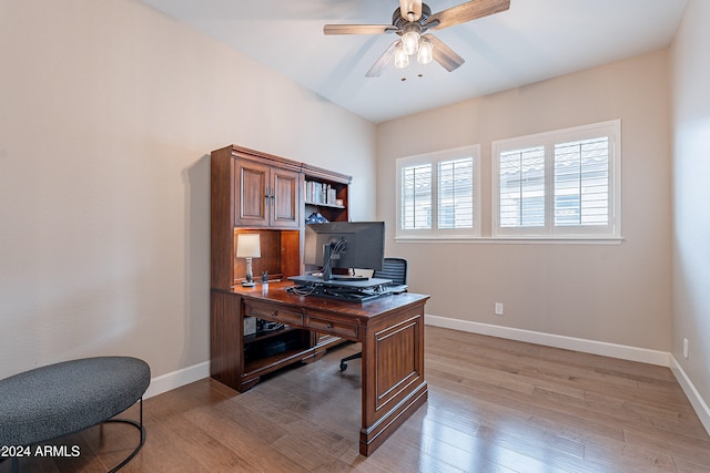 office area featuring ceiling fan and light hardwood / wood-style flooring