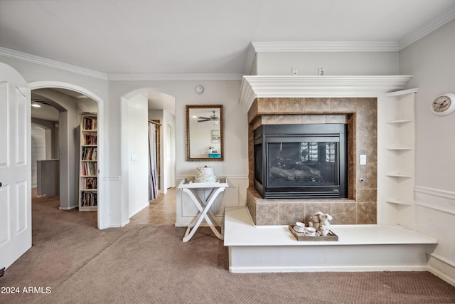 interior space featuring crown molding, carpet flooring, and built in features