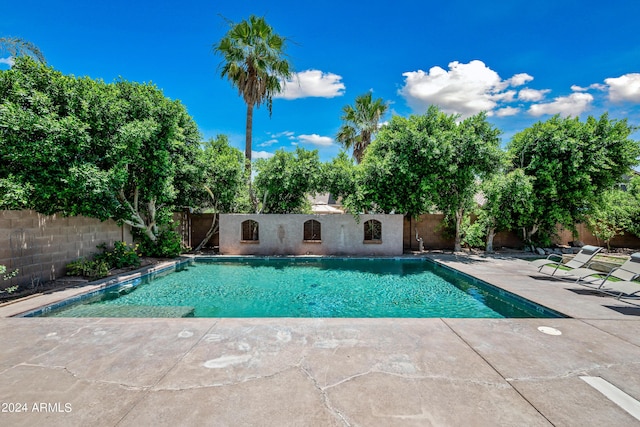 view of swimming pool with a fenced backyard, a fenced in pool, and a patio