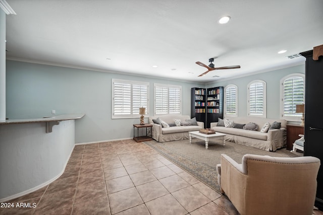 tiled living area featuring ceiling fan, ornamental molding, recessed lighting, and visible vents