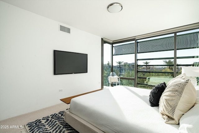 bedroom featuring floor to ceiling windows and carpet flooring