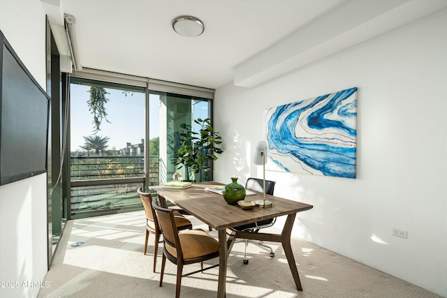 carpeted dining space with expansive windows