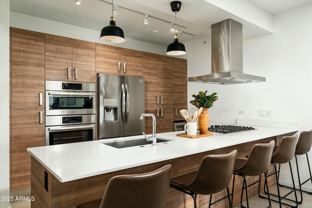 kitchen featuring range hood, a breakfast bar area, stainless steel appliances, and sink