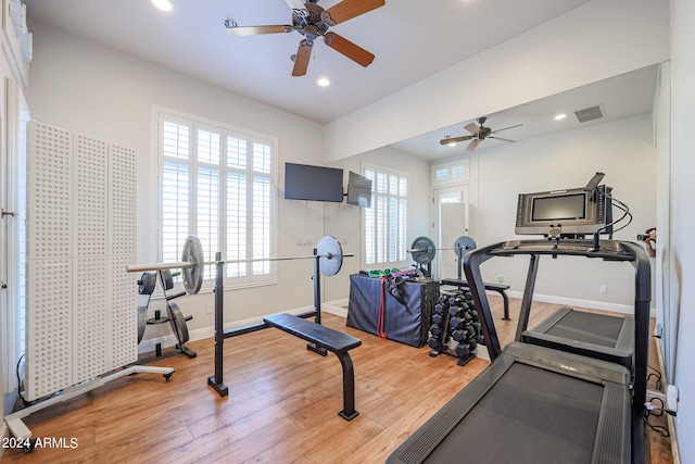 exercise area featuring ceiling fan and hardwood / wood-style floors