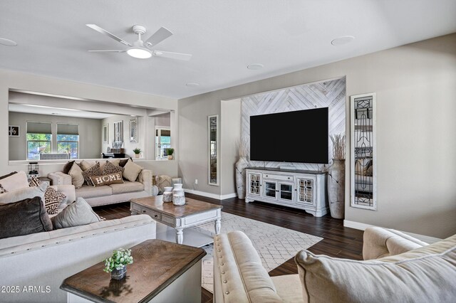 21328 E Misty Ln, Queen Creek, AZ 85142 - living area with ceiling fan, baseboards, and dark wood-style floors