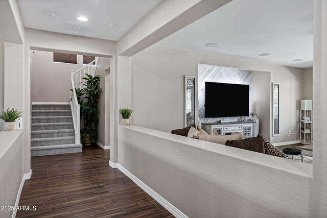 21328 E Misty Ln, Queen Creek, AZ 85142 - hall with dark wood-style flooring, stairway, visible vents, and baseboards