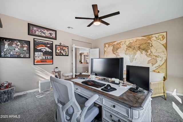 21328 E Misty Ln, Queen Creek, AZ 85142 - office area with carpet flooring, visible vents, baseboards, and a ceiling fan