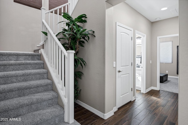 21328 E Misty Ln, Queen Creek, AZ 85142 - entryway featuring baseboards, dark wood-style floors, and stairs
