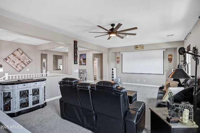 21328 E Misty Ln, Queen Creek, AZ 85142 - carpeted cinema room with visible vents, baseboards, and ceiling fan