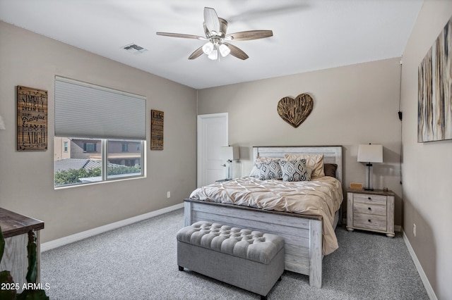 21328 E Misty Ln, Queen Creek, AZ 85142 - bedroom featuring visible vents, baseboards, carpet flooring, and ceiling fan