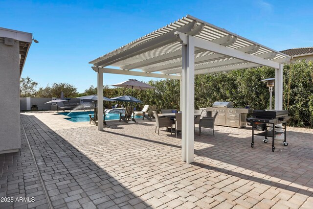 21328 E Misty Ln, Queen Creek, AZ 85142 - view of patio with exterior kitchen, a fenced in pool, a pergola, a grill, and fence