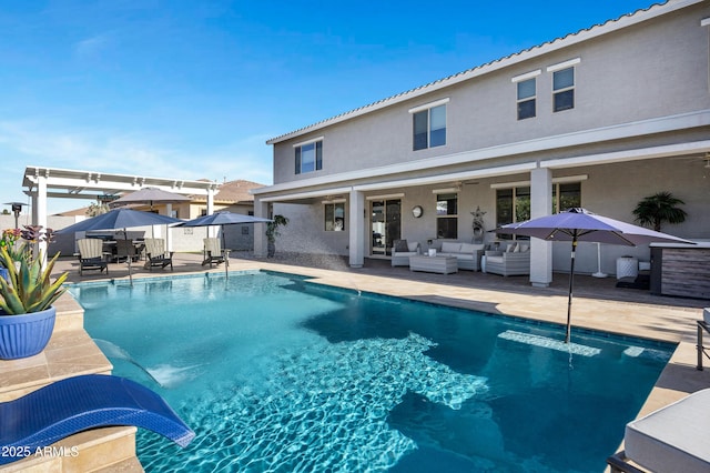 21328 E Misty Ln, Queen Creek, AZ 85142 - view of swimming pool with outdoor dining space, an outdoor hangout area, a fenced in pool, and a patio area