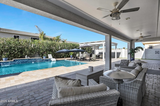 21328 E Misty Ln, Queen Creek, AZ 85142 - view of pool with ceiling fan, a pergola, an outdoor hangout area, a fenced backyard, and a patio area