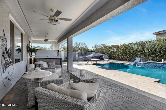 21328 E Misty Ln, Queen Creek, AZ 85142 - view of swimming pool with a fenced in pool, an outdoor hangout area, a patio area, ceiling fan, and fence