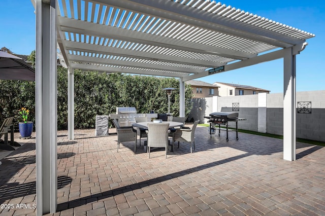 21328 E Misty Ln, Queen Creek, AZ 85142 - view of patio / terrace featuring area for grilling, a pergola, fence, and outdoor dining area