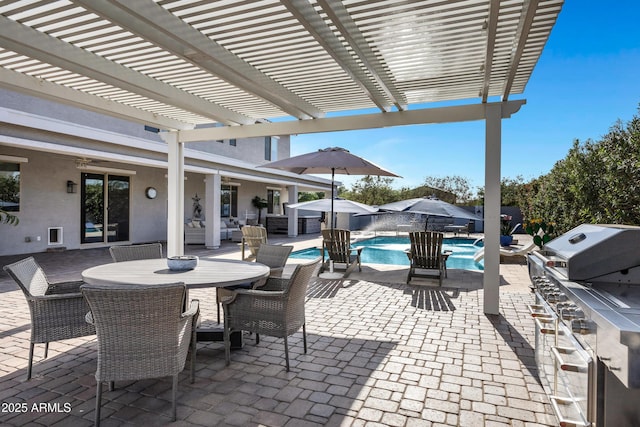 21328 E Misty Ln, Queen Creek, AZ 85142 - view of patio featuring outdoor dining space, a fenced in pool, and a pergola