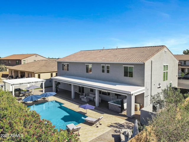 21328 E Misty Ln, Queen Creek, AZ 85142 - rear view of house featuring central AC, an outdoor living space, a tile roof, stucco siding, and an outdoor pool