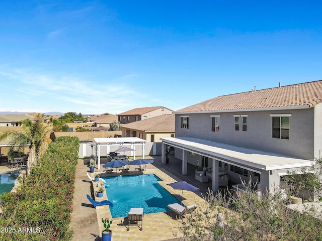 21328 E Misty Ln, Queen Creek, AZ 85142 - view of pool featuring a fenced in pool, a residential view, a pergola, an outdoor living space, and a patio area