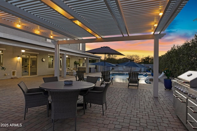 21328 E Misty Ln, Queen Creek, AZ 85142 - view of patio with an outdoor kitchen, a pergola, a grill, outdoor dining space, and a fenced in pool