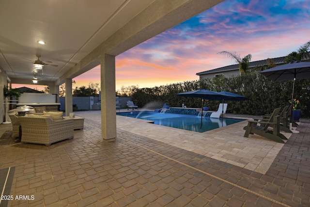 21328 E Misty Ln, Queen Creek, AZ 85142 - pool featuring a patio area, fence, exterior kitchen, and ceiling fan