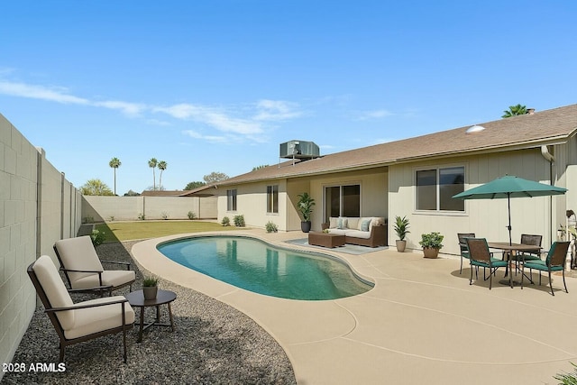 view of swimming pool with central AC unit, a fenced backyard, a patio, an outdoor hangout area, and a fenced in pool