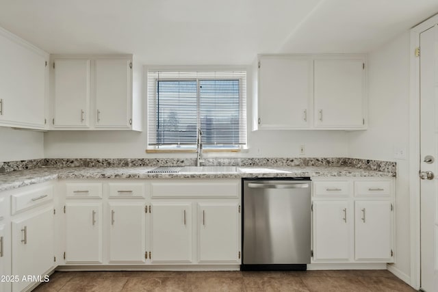 kitchen featuring a sink, white cabinets, light stone counters, and dishwasher