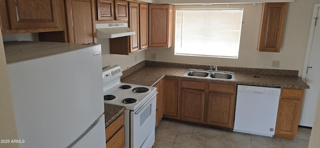 kitchen with dark countertops, brown cabinetry, a sink, white appliances, and under cabinet range hood