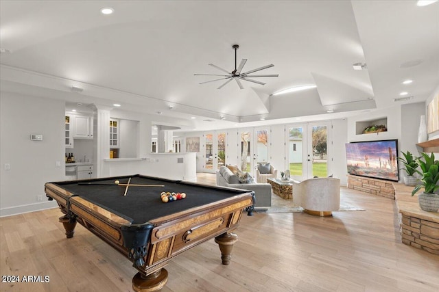 recreation room with light hardwood / wood-style flooring, ceiling fan, pool table, and french doors