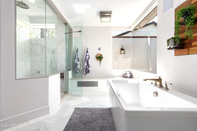 bathroom with plus walk in shower and tile patterned floors