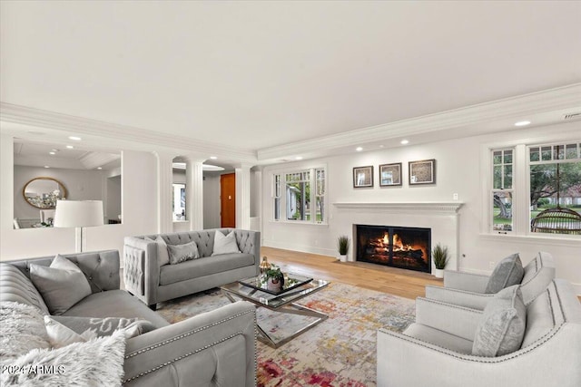 living room featuring light hardwood / wood-style floors, decorative columns, and ornamental molding