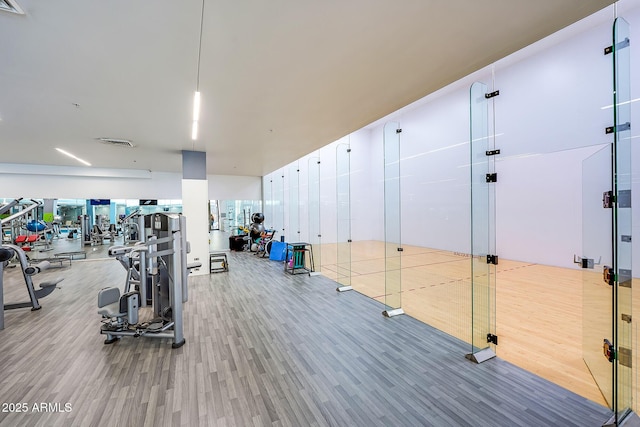 exercise room featuring wood-type flooring