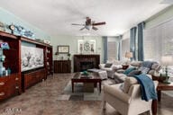 818 E Hiddenview Dr, Phoenix, AZ 85048 - living area featuring ceiling fan and a fireplace
