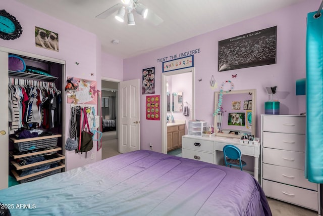 818 E Hiddenview Dr, Phoenix, AZ 85048 - bedroom with a closet, ceiling fan, ensuite bath, and light colored carpet