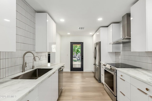 kitchen featuring wall chimney range hood, white cabinets, visible vents, appliances with stainless steel finishes, and a sink