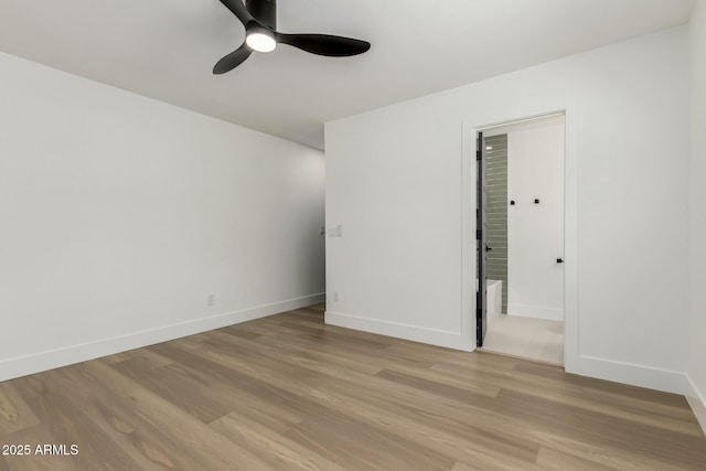 unfurnished bedroom with light wood-type flooring, baseboards, and a ceiling fan