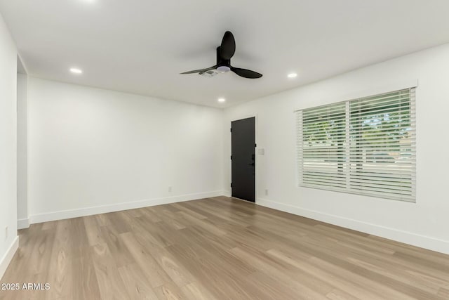 unfurnished room featuring visible vents, baseboards, ceiling fan, light wood-type flooring, and recessed lighting