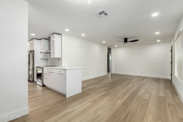 kitchen with white cabinetry, visible vents, ceiling fan, light wood finished floors, and appliances with stainless steel finishes