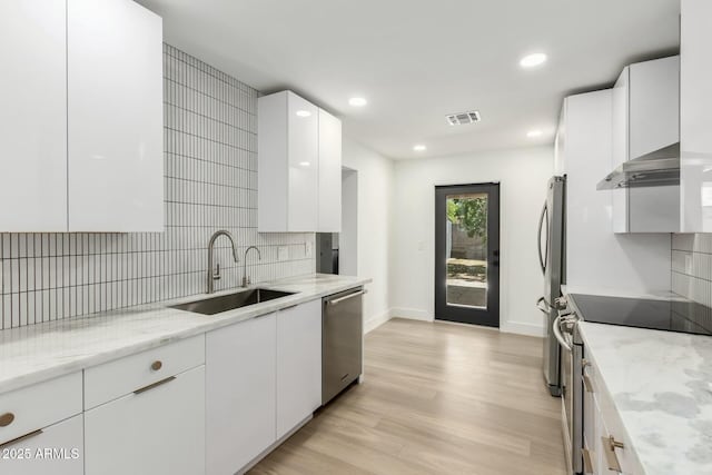 kitchen featuring visible vents, a sink, stainless steel appliances, extractor fan, and decorative backsplash