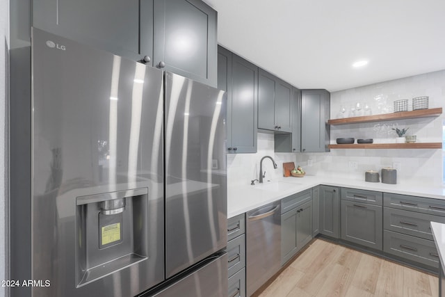 kitchen featuring stainless steel appliances, sink, gray cabinets, backsplash, and light hardwood / wood-style flooring