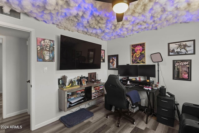 office area with ceiling fan and wood-type flooring