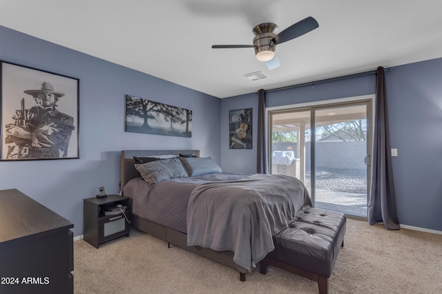 carpeted bedroom with access to outside and ceiling fan