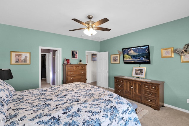 carpeted bedroom featuring ceiling fan