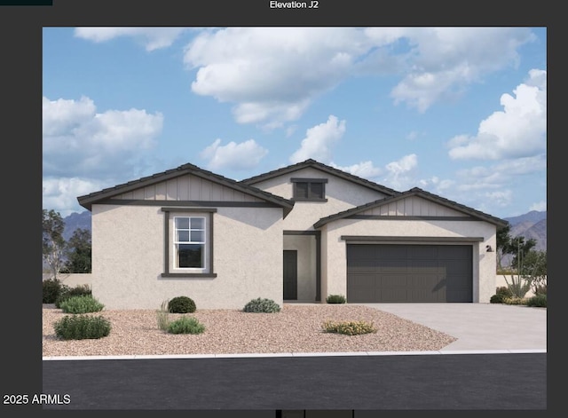 single story home featuring a garage, board and batten siding, concrete driveway, and stucco siding