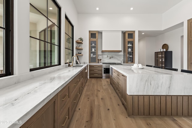 kitchen featuring light stone counters, high end range, light wood-type flooring, and a sink