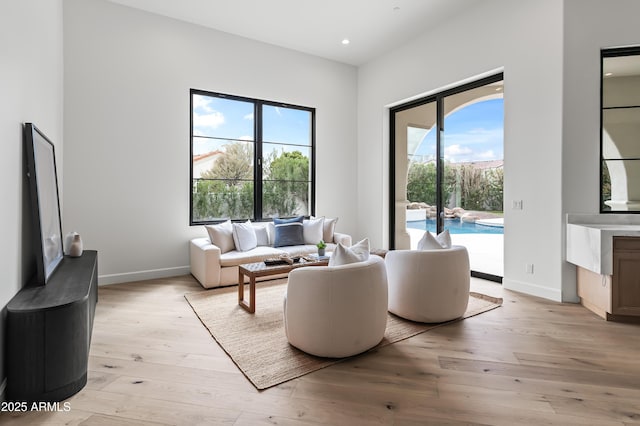 living area featuring light wood-style flooring, plenty of natural light, and baseboards