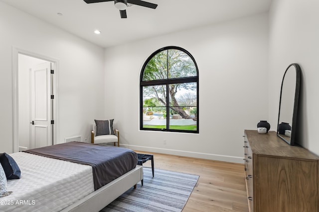 bedroom with visible vents, baseboards, light wood-style flooring, recessed lighting, and ceiling fan