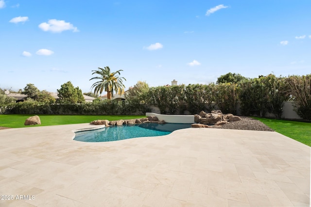 view of swimming pool featuring a fenced backyard, a fenced in pool, a patio, and a yard