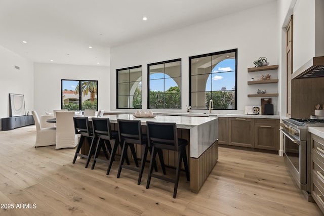 kitchen featuring stainless steel range, wall chimney exhaust hood, a healthy amount of sunlight, and light wood-style floors